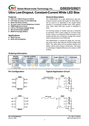 G5920 datasheet - Ultra Low-Dropout, Constant-Current White LED Bias