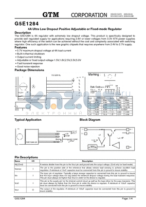 G5E1284 datasheet - 4A Ultra Low Dropout Positive Adjustable or Fixed-mode Regulator