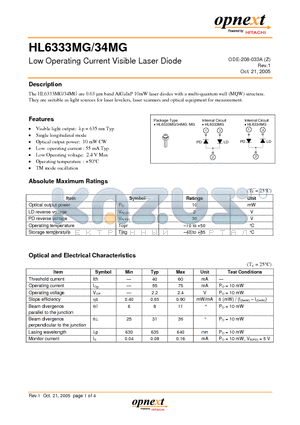 HL6334MG datasheet - Low Operating Current Visible Laser Diode