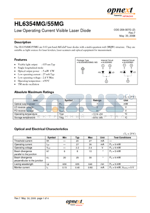 HL6355MG datasheet - Low Operating Current Visible Laser Diode