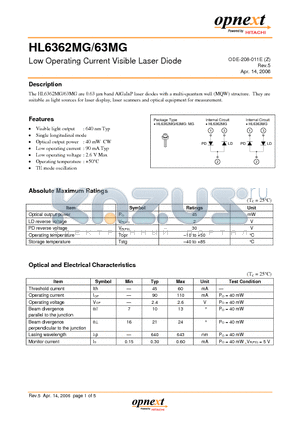 HL6363MG datasheet - Low Operating Current Visible Laser Diode