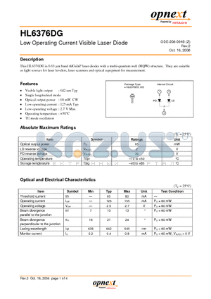 HL6376DG datasheet - Low Operating Current Visible Laser Diode