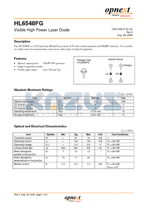 HL6548FG datasheet - Visible High Power Laser Diode