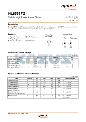 HL6553FG datasheet - Visible High Power Laser Diode