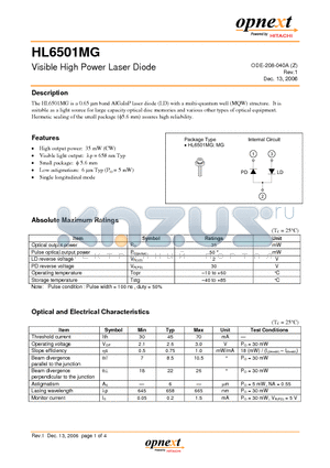 HL6501MG datasheet - Visible High Power Laser Diode