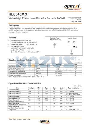 HL6545MG datasheet - Visible High Power Laser Diode for Recordable-DVD