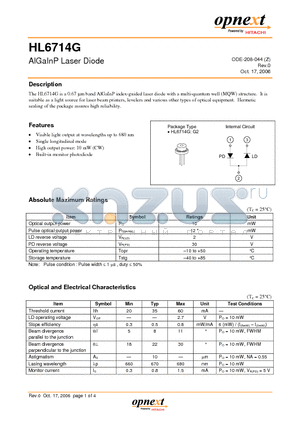 HL6714G datasheet - AlGaInP Laser Diode