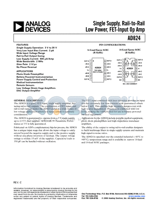 AD824 datasheet - Single Supply, Rail-to-Rail Low Power, FET-Input Op Amp