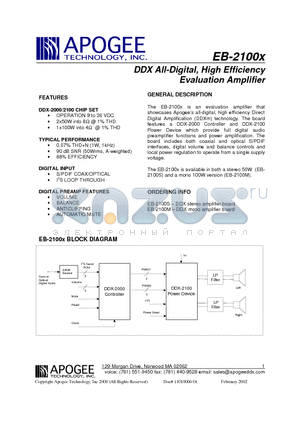 EB-2100 datasheet - DDX All-Digital, High Efficiency Evaluation Amplifier