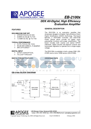 EB-2100M datasheet - DDX All-Digital, High Efficiency Evaluation Amplifier