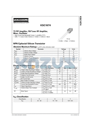 KSC1674 datasheet - TV PIF Amplifier, FM Tuner RF Amplifier, Mixer, Oscillator