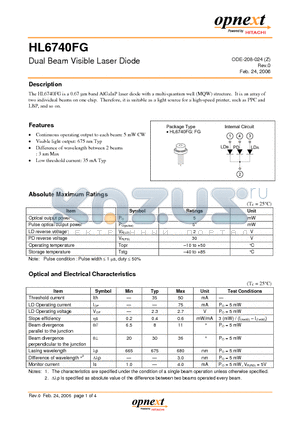 HL6740FG datasheet - Dual Beam Visible Laser Diode