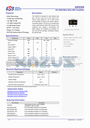 EB-ASG304-IF datasheet - DC-2000 MHz SiGe HBT Amplifier