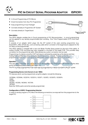 ISPICR1 datasheet - PIC IN CIRCUIT SERIAL PROGRAM ADAPTOR