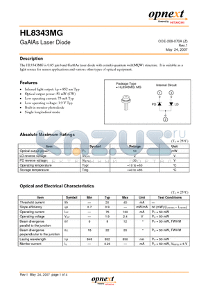 HL8343MG datasheet - GaAlAs Laser Diode