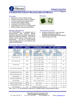 EB-FPM2750QFN-BAL datasheet - LOW NOISE HIGH LINEARITY BALANCED AMPLIFIER MODULE