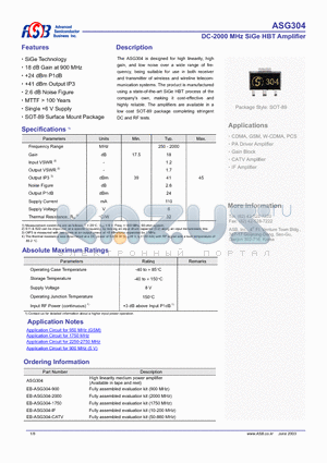EB-ASG304-900 datasheet - DC-2000 MHz SiGe HBT Amplifier