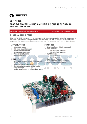 EB-TK2050 datasheet - CLASS-T DIGITAL AUDIO AMPLIFIER 2 CHANNEL TK2050 EVALUATION BOARD