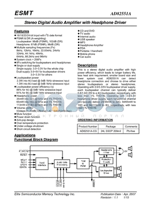 AD82551A datasheet - Stereo Digital Audio Amplifier with Headphone Driver