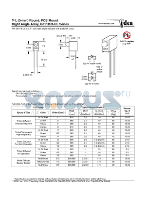 G611BX-UL datasheet - T-1, (3-mm) Round, PCB Mount Right Angle Array