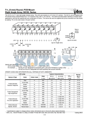 G61XL datasheet - T-1, (3-mm) Round, PCB Mount Right Angle Array, G61XL Series