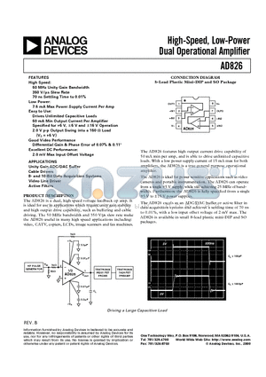 AD826 datasheet - High-Speed, Low-Power Dual Operational Amplifier