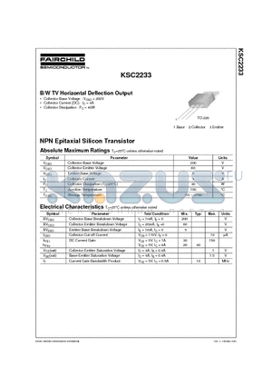 KSC2233 datasheet - B/W TV Horizontal Deflection Output