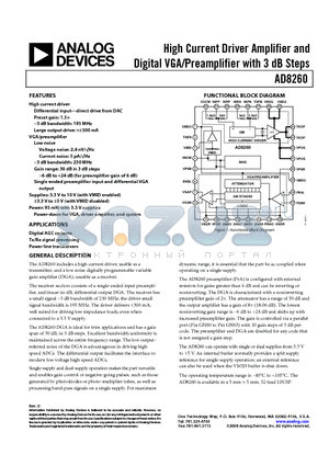 AD8260-EVALZ datasheet - High Current Driver Amplifier and Digital VGA/Preamplifier with 3 dB Steps