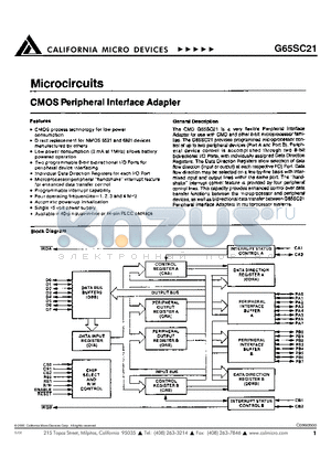 G65SC21-1 datasheet - CMOS Peripheral Interface Adapter