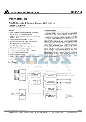 G65SC22-4 datasheet - CMOS VERSATILE INTERFACE ADAPTER WITH INTERVAL TIMER/COUNTERS