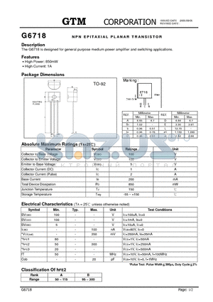 G6718 datasheet - NPN EPITAXIAL PLANAR TRANSISTOR