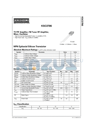 KSC2786 datasheet - TV PIF Amplifier, FM Tuner RF Amplifier, Mixer, Oscillator