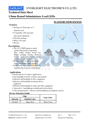 91-21SURC-S530-XX-XXX datasheet - 1.9mm Round Subminiature Lead LEDs
