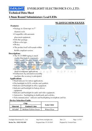 91-21SYGC datasheet - 1.9mm Round Subminiature Lead LEDs