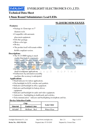 91-21SURC datasheet - 1.9mm Round Subminiature Lead LEDs