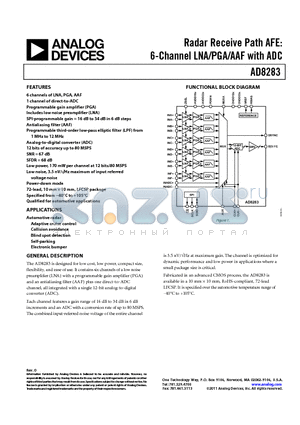 AD8283WBCPZ datasheet - Radar Receive Path AFE: 6-Channel LNA/PGA/AAF with ADC