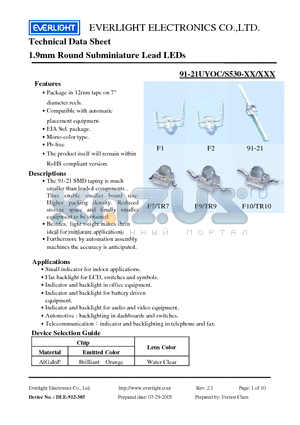 91-21UYOC datasheet - 1.9mm Round Subminiature Lead LEDs