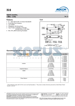 H-9 datasheet - Hybrid Junction, 2 MHz - 2 GHz