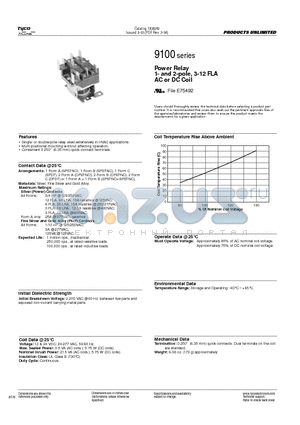 9100-201U999 datasheet - Power Relay 1- and 2-pole, 3-12 FLA AC or DC Coil