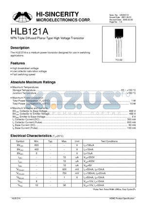 HLB121A datasheet - NPN Triple Diffused Planar Type High Voltage Transistor
