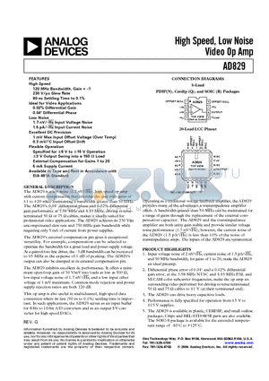 AD829ARZ-REEL7 datasheet - High Speed, Low Noise Video Op Amp