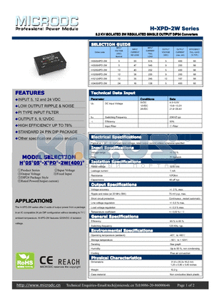 H-XPD-2W datasheet - 5.2 KVISOLATED 2WREGULATED SINGLE OUTPUT DIP24 Converters