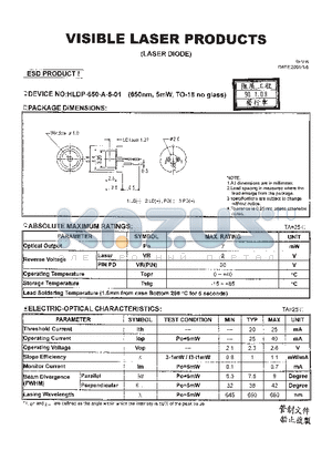 HLDP-650-A-5-01 datasheet - LASER DIODE