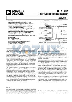AD8302 datasheet - LF.2.7 GHz RF/IF Gain and Phase Detector