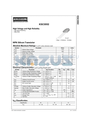 KSC3552 datasheet - High Voltage and High Reliabilty