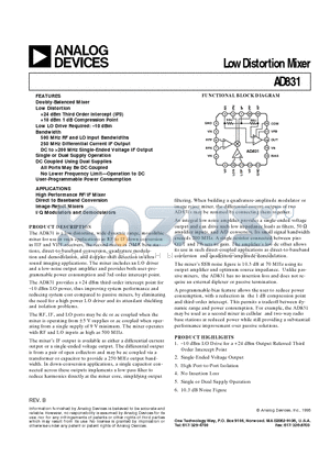 AD831 datasheet - Low Distortion Mixer