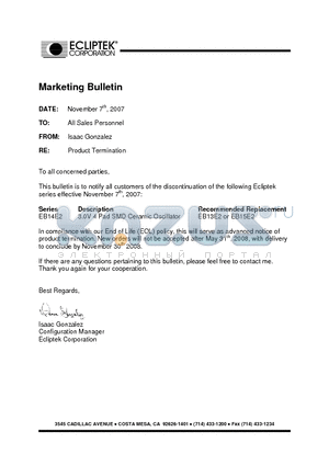 EB14E2E2H-40000MTR datasheet - OSCILLATOR