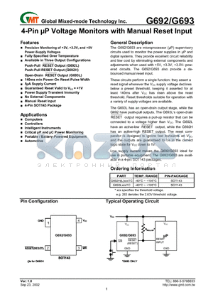 G693L datasheet - 4-Pin UP Voltage Monitors with Manual Reset Input