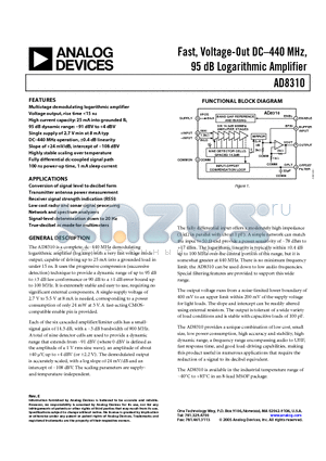 AD8310ARMZ-REEL7 datasheet - Fast, Voltage-Out DC-440 MHz, 95 dB Logarithmic Amplifier
