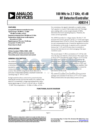 AD8314 datasheet - 100 MHz to 2.7 GHz, 45 dB RF Detector/Controller